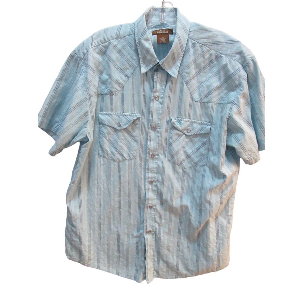 El General men L Large pearl snap shirt blue stitched lines stripes Western vtg